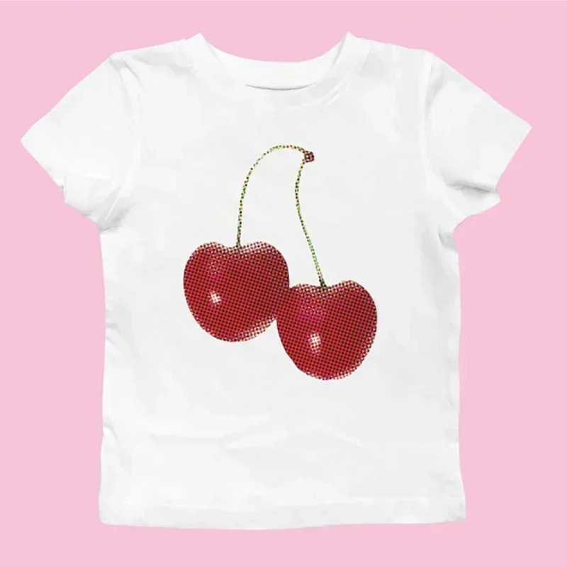 Aesthetic Summer Tee Streetwear Goth Harajuku Letter Graphic Cherry Print T-shirt Vintage Crop Tops Women 2000s Y2K Clothes 250320