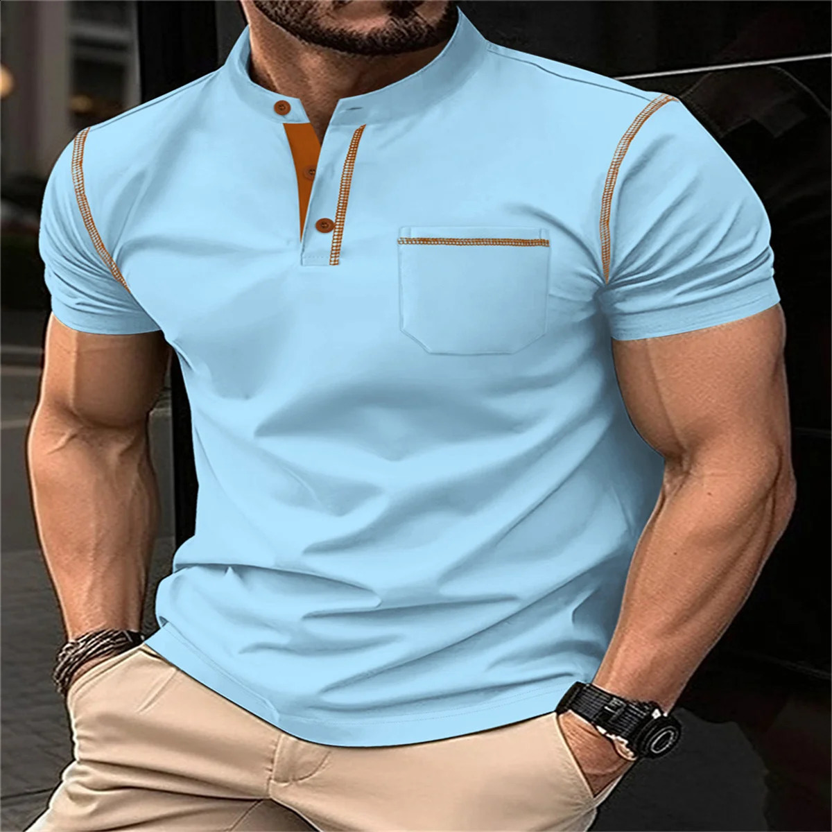 Summer Mens Fashion Outdoor Sports Casual Style Solid Color Stand Collar Patchwork Pocket Loose Short Sleeve POLO Shirt 250319
