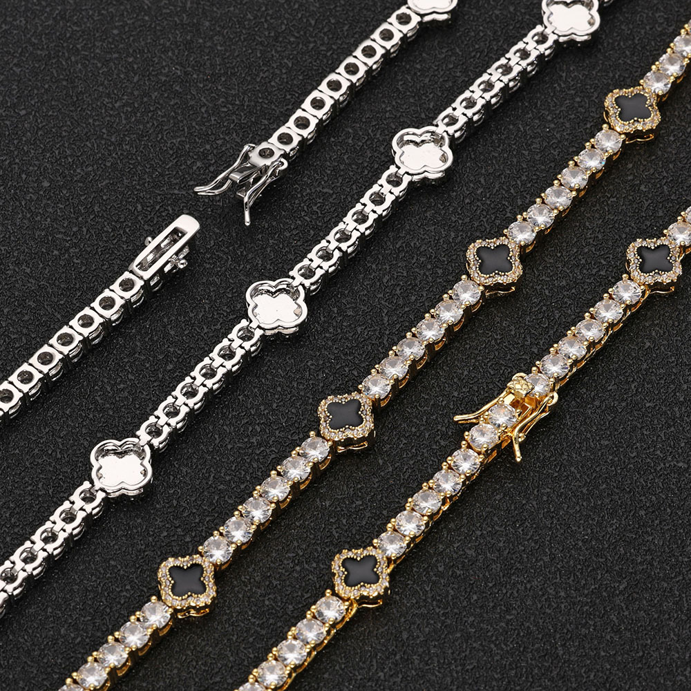 Hip Hop Ice Flower Tennis Clavicle Necklace New Cube Zirconia Brass Black Drip Oil Tennis Chain Jewelry Women Men