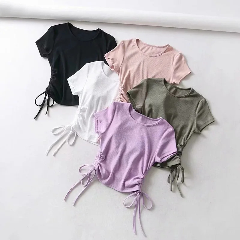 Sexy side brushed lace up pleated vest for women solid color slim crop top womens streetwear ribbed knit Tshirt 250319