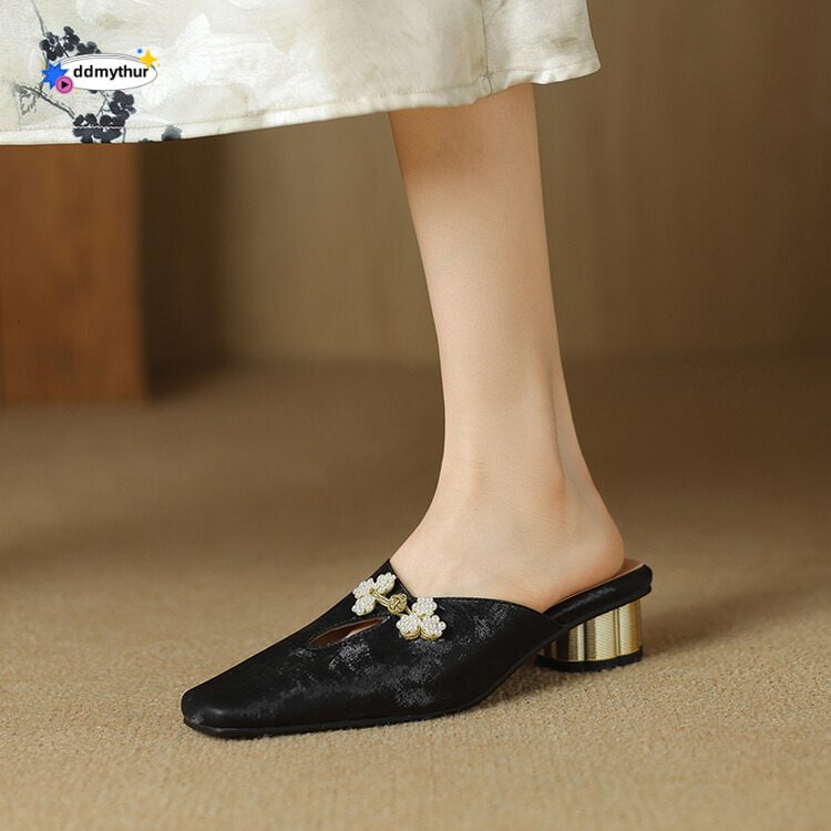 Chinese style Baotou Slippers 2024 Summer New Elegant Beaded Decoration 3.5cm Comfortable Round Heel