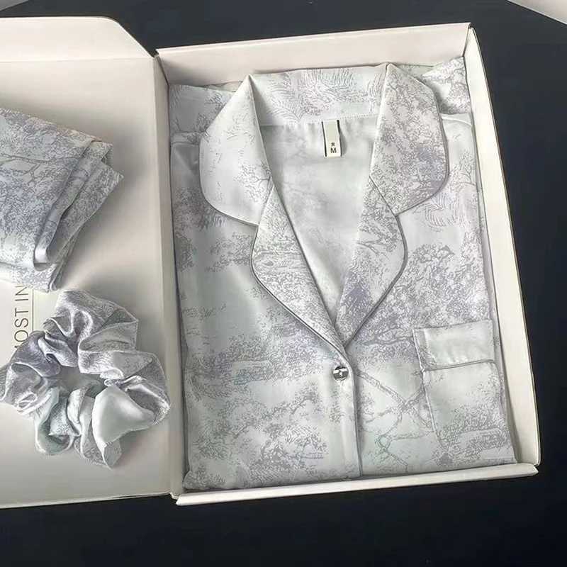 New Ice Silk Women Pajama Lapel Button Cardigan Outfits for Women 2 Piece Set Fashion Printing Set Clothes for WomenC250319