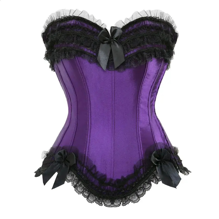 Sexy Lace Overbust Corset Top Women Vintage Satin Bow Bustier Lingerie With Zipper Plus Size Body Shaper Burlesque Corsets 250319