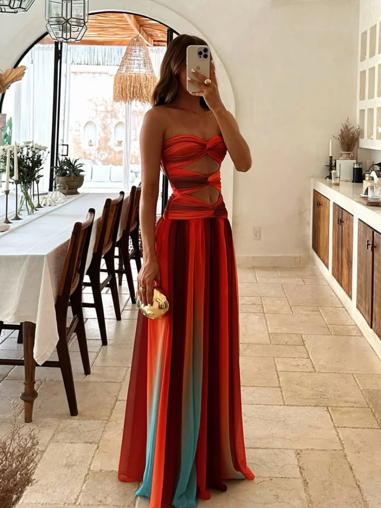 Tie-dye Gradient Hollow Out Womens Maxi Dress Elegant Off Shoulder A-line Hem Long Dresses Summer Holiday Female Robes 250319