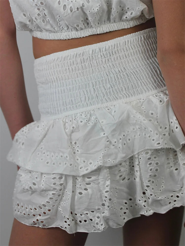 CHRONSTYLE Women Lace Short Mini Skirts Elastic High Waist Layered Ruffles Hollow Out Skirts Summer Party Club Streetwear 250320