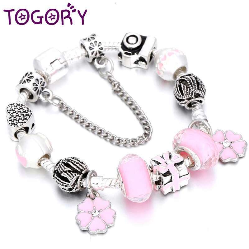 Silver Plated Snake Chain Charm Bracelets With Pink Flower Murano Glass Beads DIY Brand Bracelets for Women Jewelry Gift