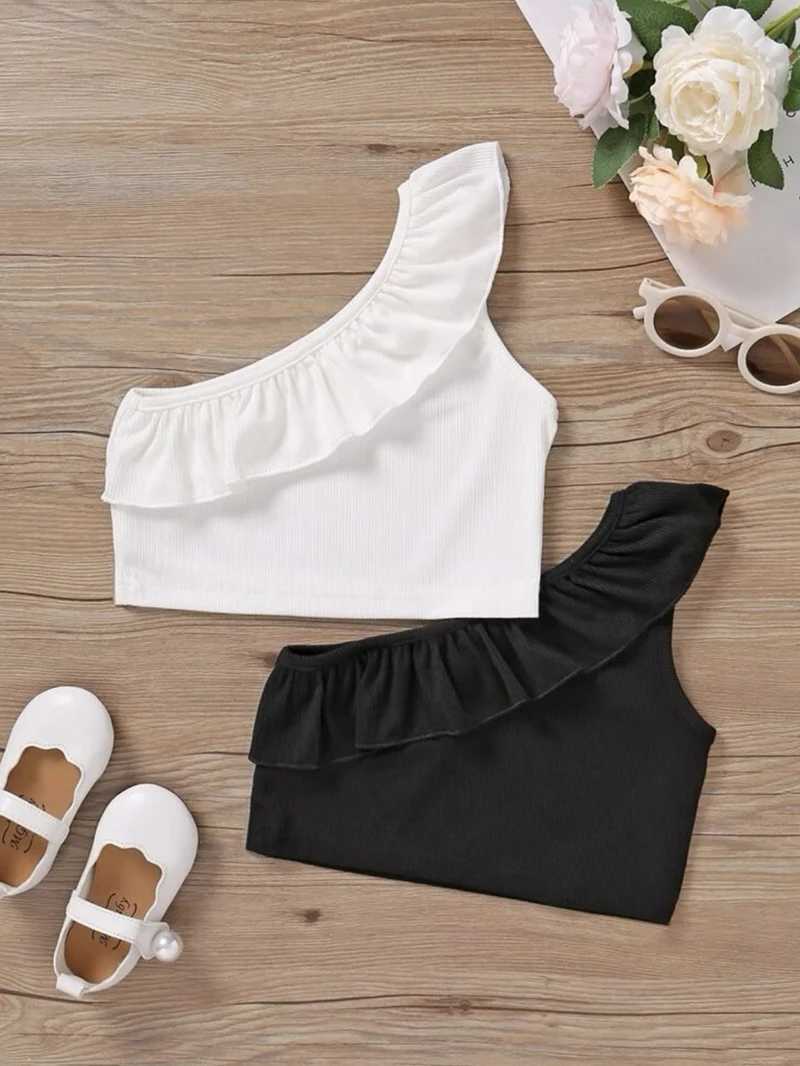 New Summer Girl Camisol 4-7Y European and American Style Childrens Ruffle Edge Single Shoulder Thin Vest Childrens Summer ClothingT250320