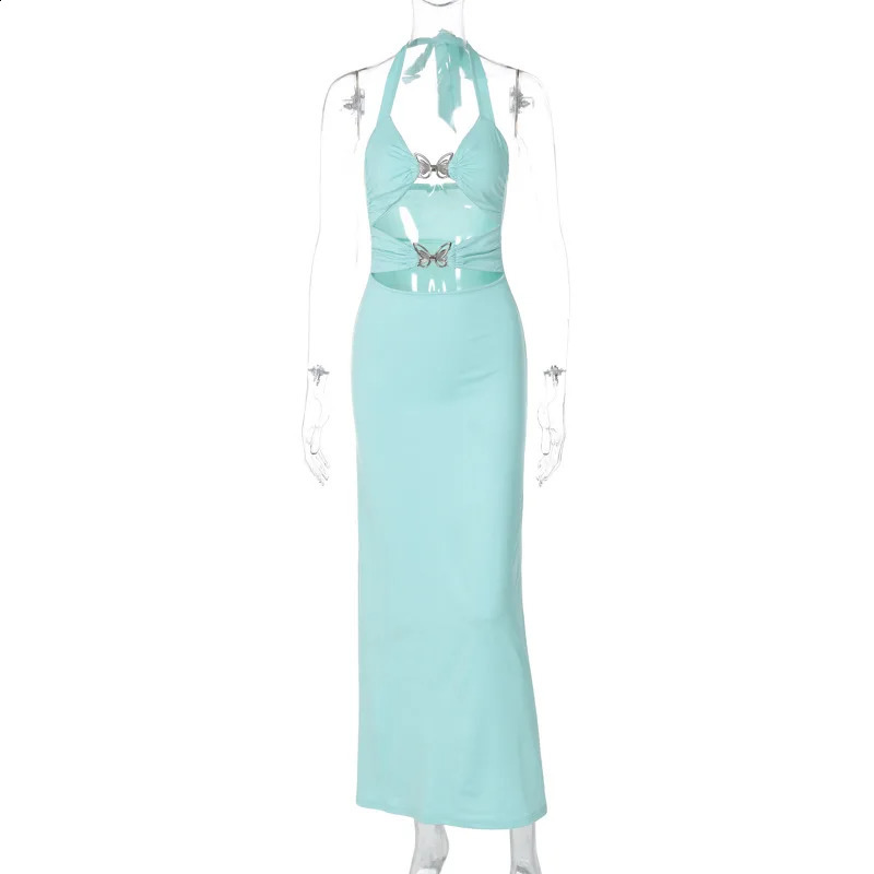 Lygens Hollow Out Halter Butterfly Button Backless Long WomenS Dresses Elegant Evening Party Summer Y2K Casual Clothes 250319