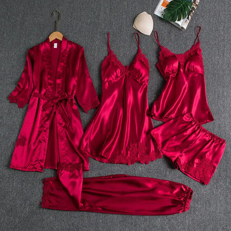 Sleepwear Female 5PCS Pajamas Set Satin Pyjamamas Lace Patchwork Bridal Wedding Nightwear Rayon Home Wear Nighty Robe Suit 250319