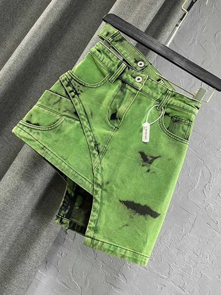 DEAT Fashion Womens Personalized Double Waist Design Green A-line Denim Skirt Asymmetric Hot Girl Short Skirts Spring 17A1759XJ250320