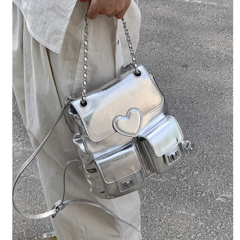 Cute Silver Backpack Chain Heart Bookbag Large Capacity Solid Color Daypack Y250319