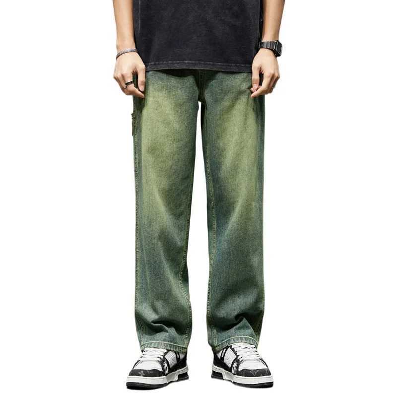 College boy loose casual pants retro blue street fashion patchwork jeans hiking wide leg pocket jeans brand mens clothingT250319