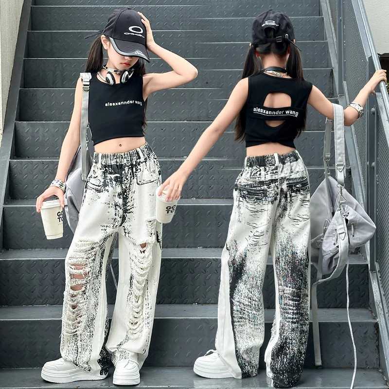 Teenage girl hole tie dyed jeans big padding young man big tear wide leg pants teenage children sleeveless topT250326