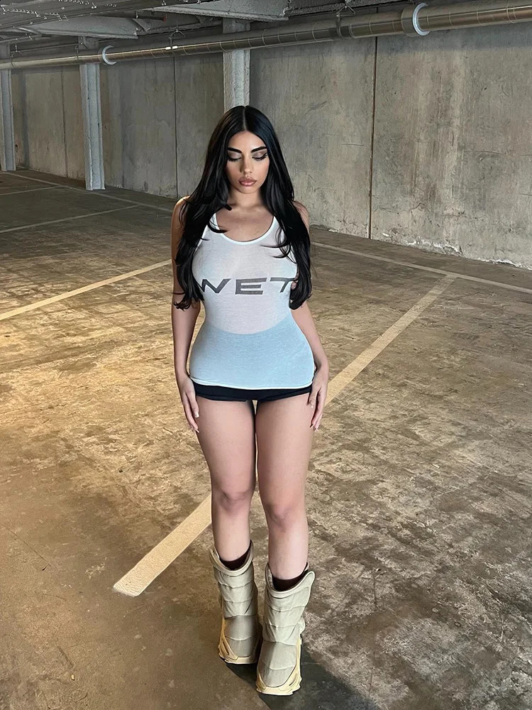 Weird Puss See Through Tank Woman Y2K 2014 Summer Letter Print Casual Fashion Comfortable Thin Simple Street Clothing Tight Top 250319