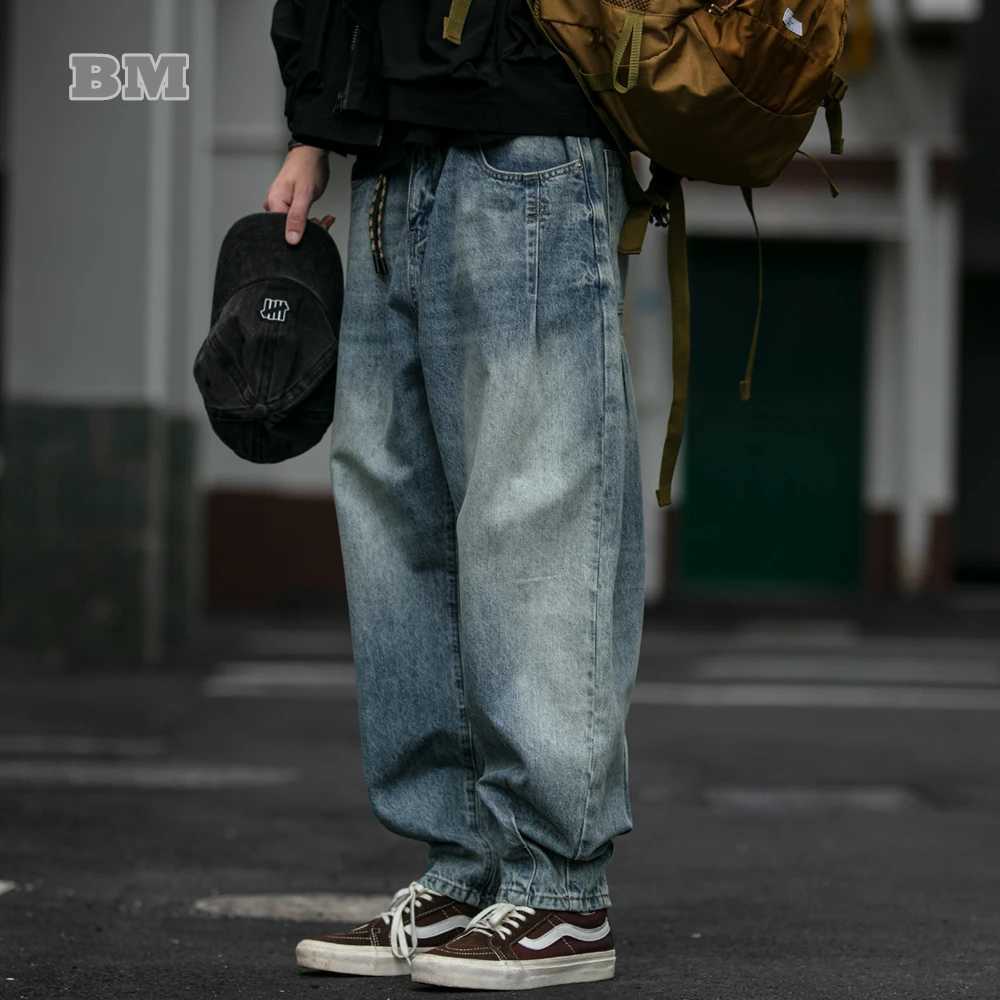 American retro high-quality denim cargo pants mens street clothing loose ice skating jeans Harajuku casual harem mens clothingT250319