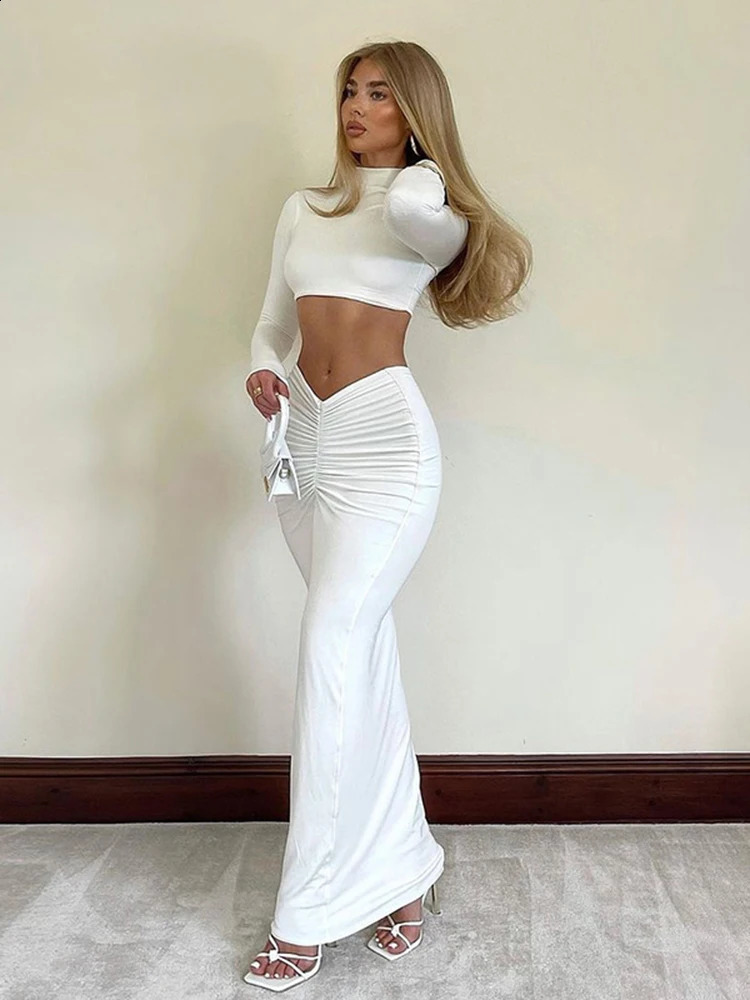 Cryptographic elegant white long sleeved 2-piece womens club party top and dress set with long pleated edges matching set 250318