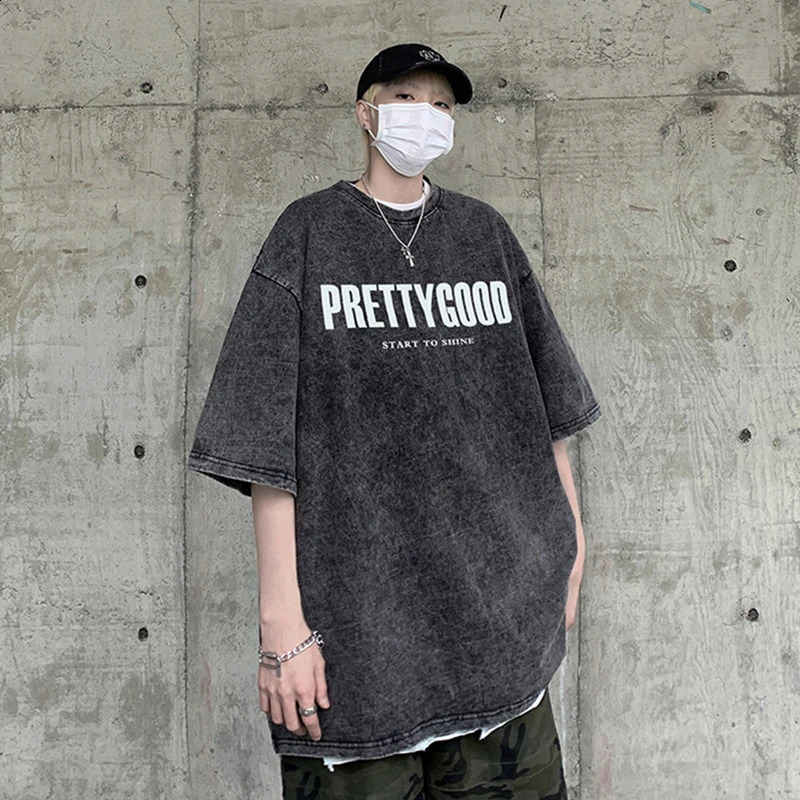 Summer pretty good letter print tshirt mens retro Distressed short sleeved ultrafine cotton Y2K streetwear 250319