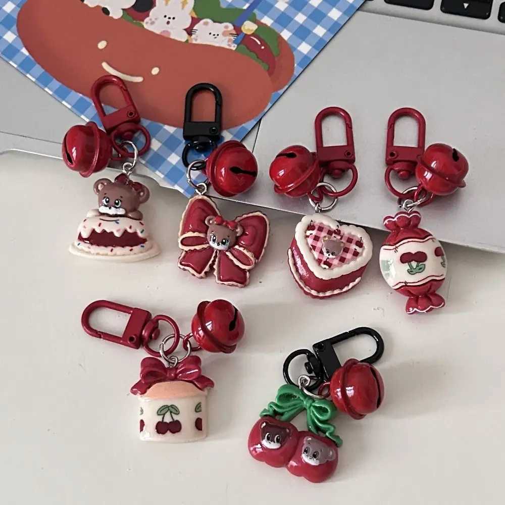 Vintage Berry Red Cartoon Bear Resin Keychain Cute Bear Cake Cherry Bell Keychain Womens Bag Charm Earphone Pendant Small GiftXJ250319