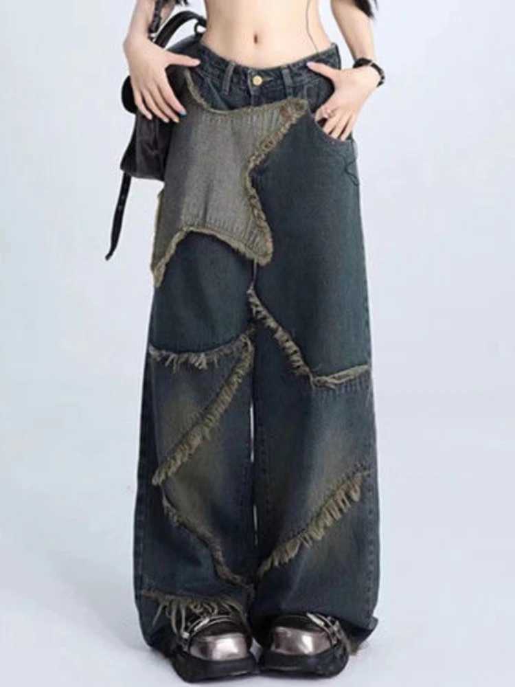 HOUZHOU Y2k Vintage Baggy Jeans Women Harajuku Streetwear Star Denim Trousers Korean Style Hip Hop Grunge Retro Wide Leg JeansT250319