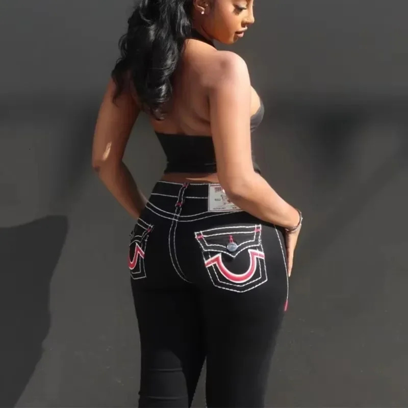 Black high stretch embroidered jeans for women Y2K street fashion retro straight wide leg pants unisex casual loose denim 250320
