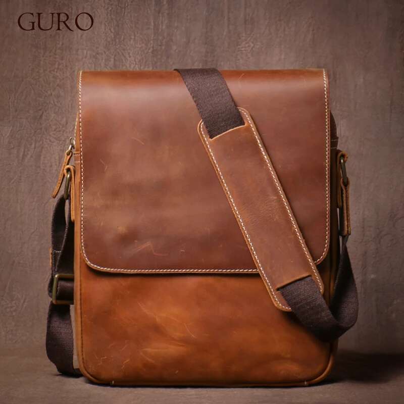 GURO Men's Genuine Leather Shoulder Bag Vintage Classic Flap Messenger Bags Higher Quality Crossbody For 12 Inch Ipad