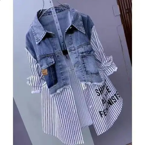 Fashion striped denim jacket for womens spring/summer sense stitched womens jacket temperature jacket 250317