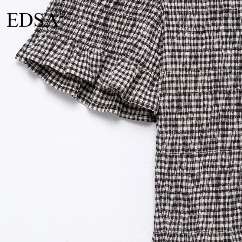 EDSA Womens Cutting Ginkgo Blouse Short Sleeve Ruffle Decorative Button Front Casual Collar Top 250319