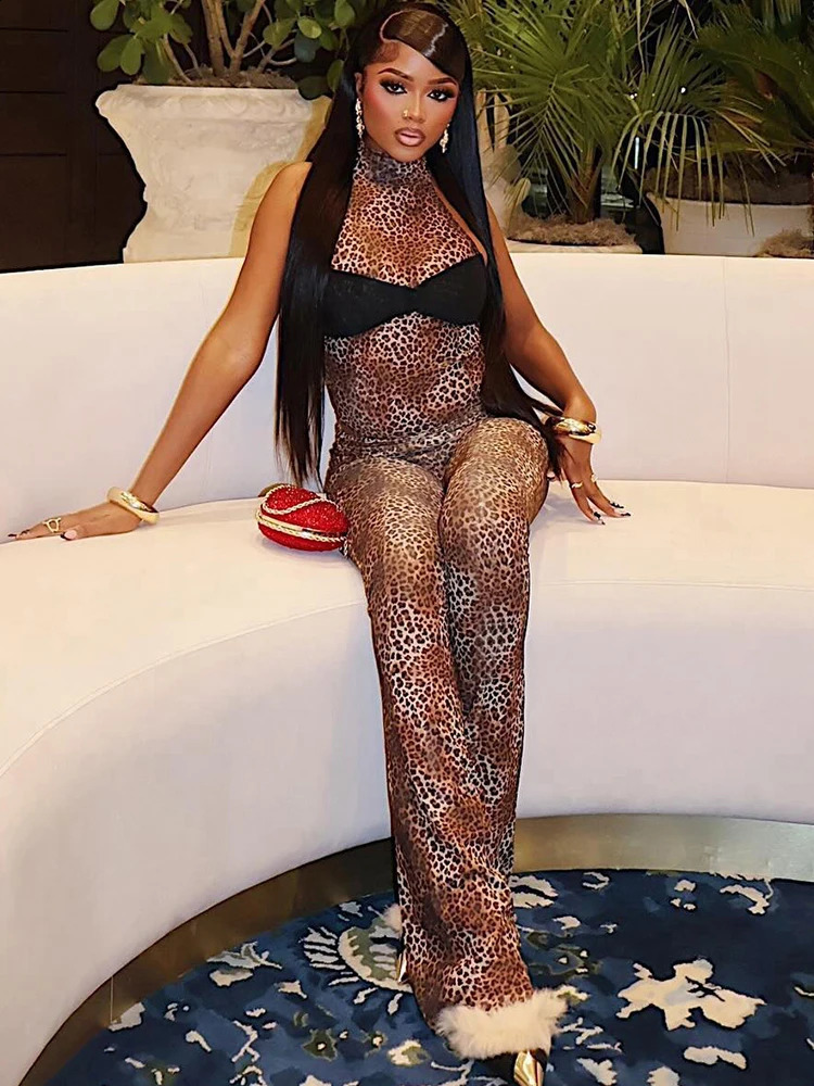 Weird Puss Leopard Print 2 Piece Set Women See Through Sexy Chest Wrap Sleeveless BodysuitFlare Pants Matching Midnight Club 250319