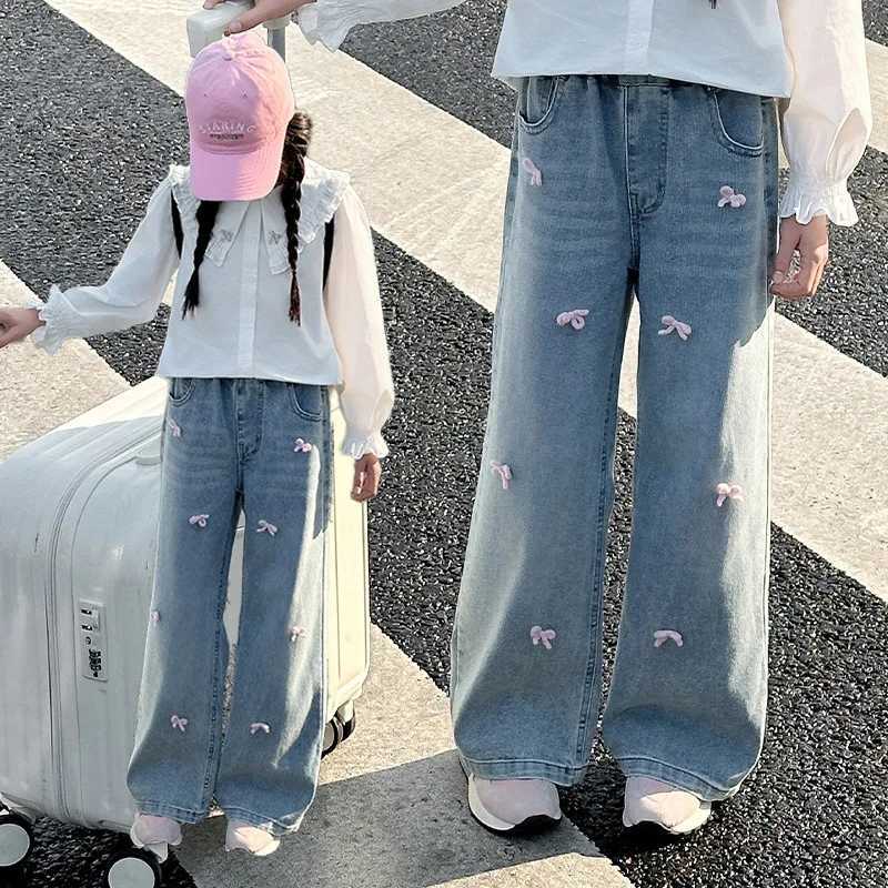 Teenage Girls Jeans Spring and Autumn 2025 New Foreign Style Childrens Loose Wide Leg Pants Girls Casual Pink Bow Pants TrousersT250326