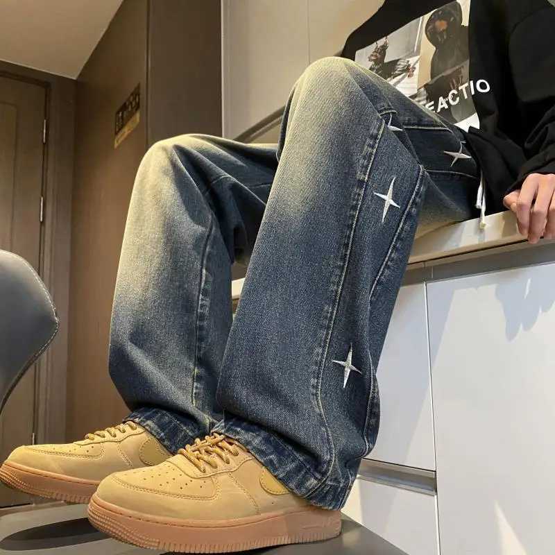 2024 American retro male and female trend star shaped graphic design straight leg jeans loose hip-hop wide leg casual pants Y2KT250319