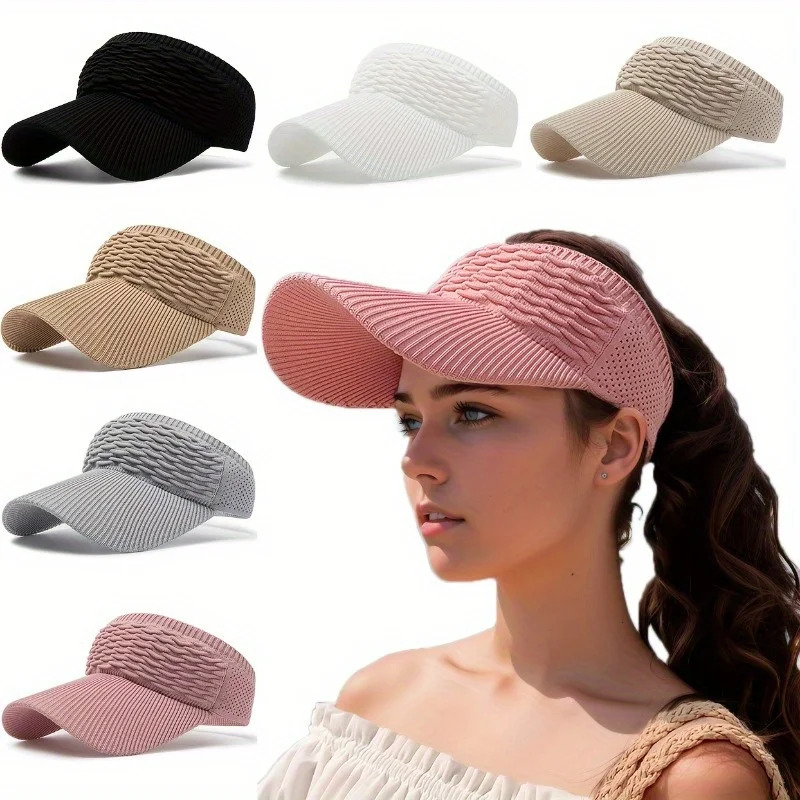 1pc Summer Breathable Sun HatCasual Elastic Knitted CapWomens Long Brim Sunshade Empty Top Hat for Outdoor Sports beach hat 250320
