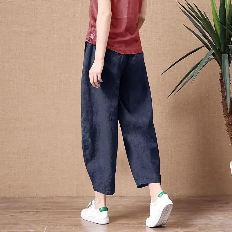 Oversize Pants Summer Thin Nine Points Loose Korean Fashion Womens Clothing Cotton Linen Middle Waist All-match Womens Pants 250320