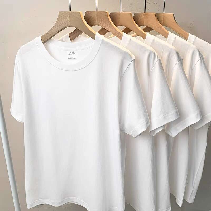 2025 summer new Korean short sleeved pure round neck high-end 200g high count men's cotton T-shirt white top