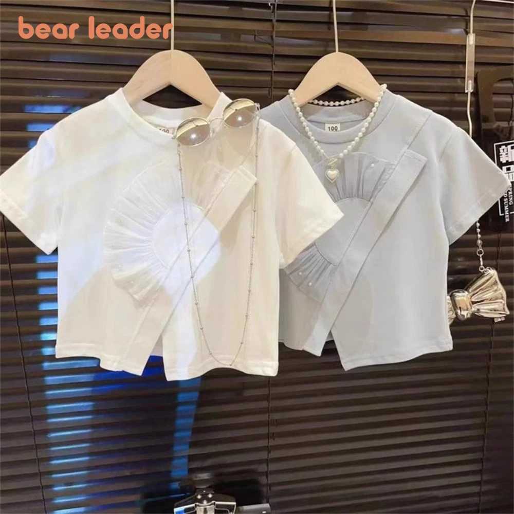 Bear Leader 2024 Summer New Korean Girls Clothes Solid Color Ruffle Short Sleeve Round Neck Casual T-shirt Childrens ClothingT250320