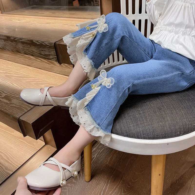 New fashion teenage girl jeans pants beads lace denim girl Trousers childrens stretch waist solid pants casual bell bottomsT250326