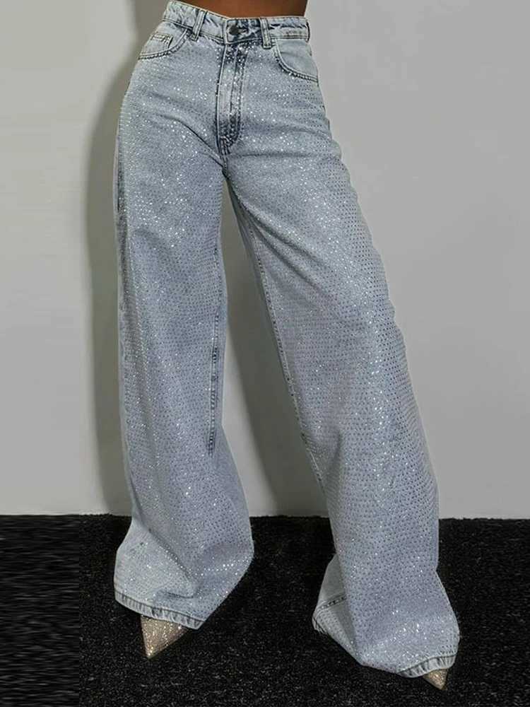 Shiny rhinestone denim womens pants full diamond womens jeans high rise pockets dragging extremely tight pants wide leg summer jeansT250319