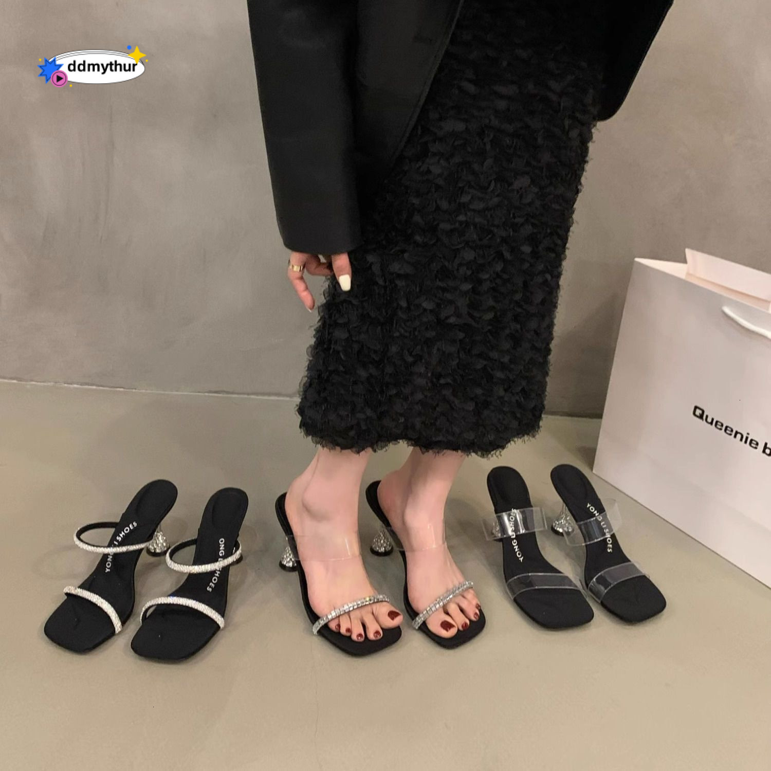 2024 Summer New Square Headed Crystal Transparent Sandals Women's Super High Heel One line Fashion rhinestone Black Slippers Trendy ddmythur