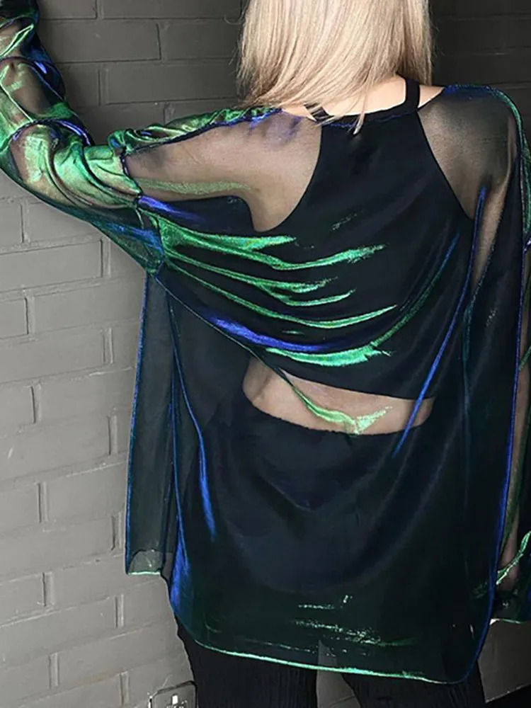 See Through T Shirts For Women Y2k Clothes Sexy Crop Tops Long Sleeve Oversized Tshirt O-Neck Club Outfit Reflective Egirl Tees 250320