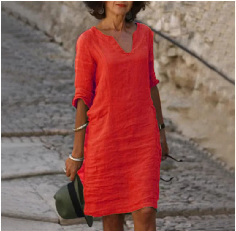 Vintage Women Solid Mini Dress Summer Fashion V-neck Three Quater Sleeve Cotton Linen Dress Ladies Casual Holiday Vestidos 250320