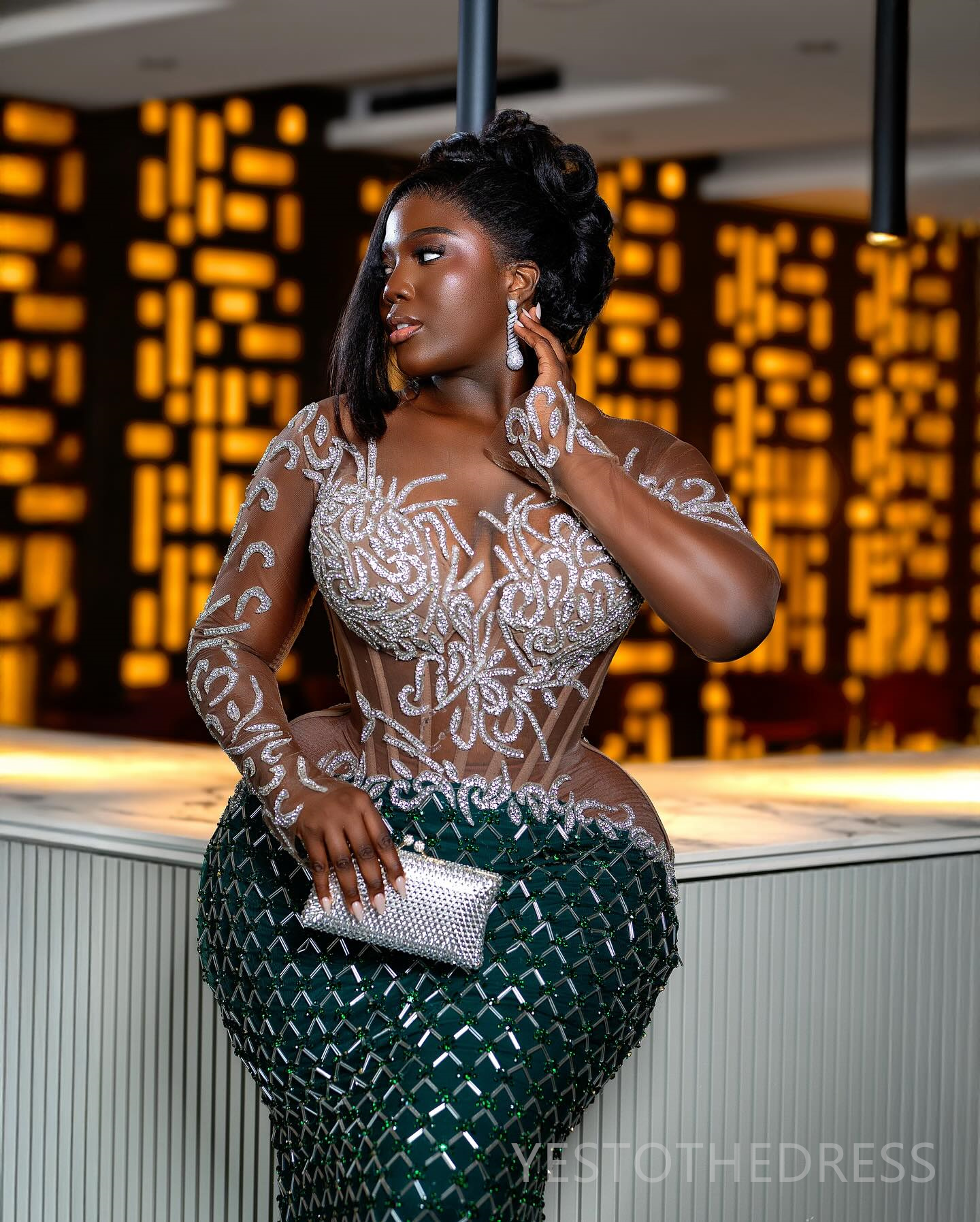 Plus Size Aso Ebi Prom Dresses 2025 Mermaid Prom Dress For Special Occasions Sheer Neck Long Sleeves Illusion Beaded Lace Birthday Second Reception Go