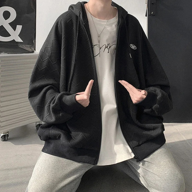 Mens autumn jacquard zipper hooded sweatshirt Korean fashion street cardigan casual oversized Y2K retro jacket 250320Z