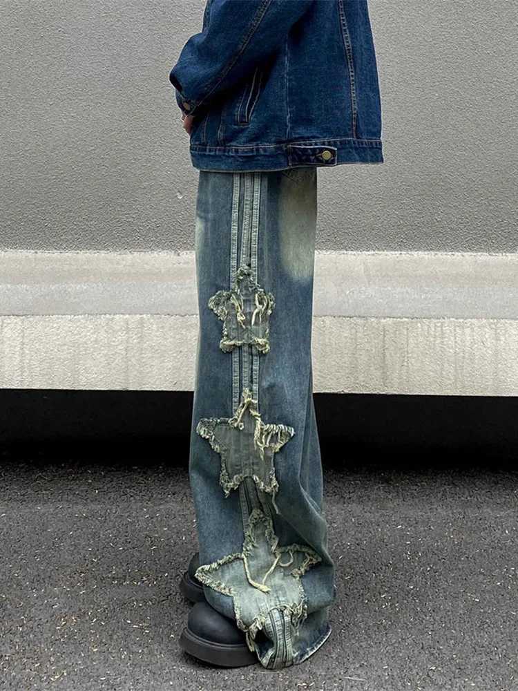 2024 Clothing Y2K Streetwear Star Patch Embroidery Baggy Stacked Jeans Pants For Men Clothes Wide Leg Old Straight Denim TrousersT250319