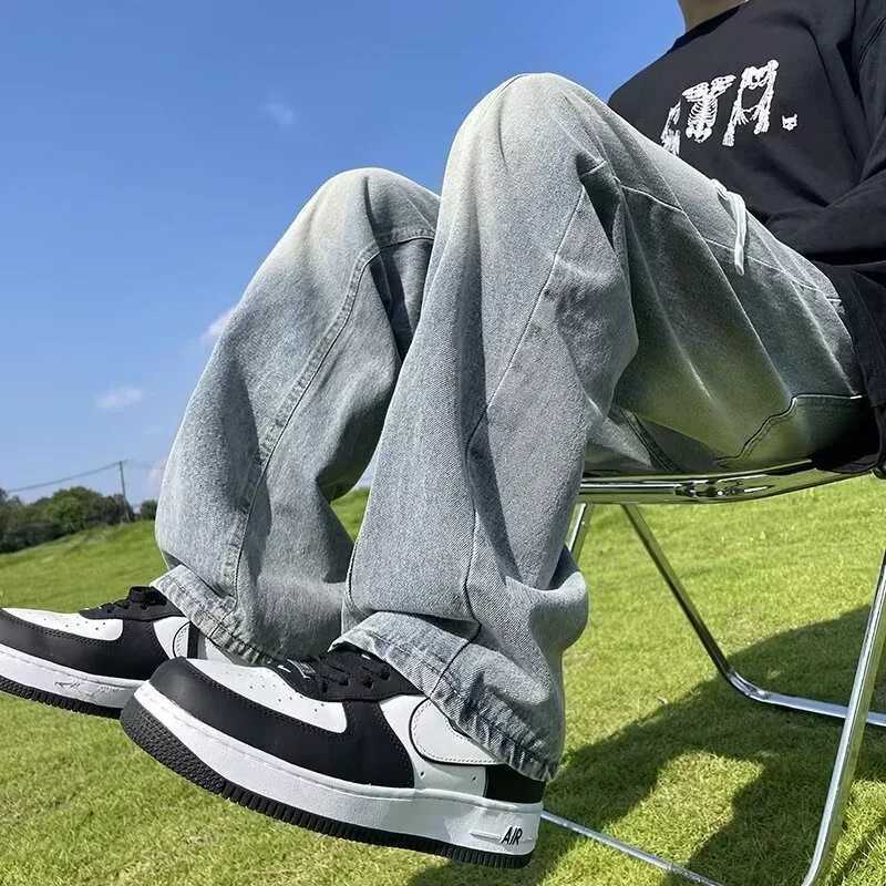 New Korean Fashion Wide-leg Baggy Jeans For Men Classic Drawstring Straight Denim Pants Y2K Vintage Jean Streetwear TrousersT250319