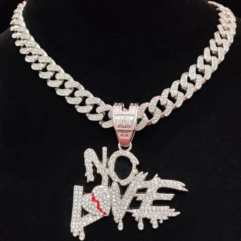 Arrived Men Hip Hop No Love Letter Pendant Necklace Cuban Chain Iced Out Bling HipHop Necklaces Fashion Jewelry Gifts 250320
