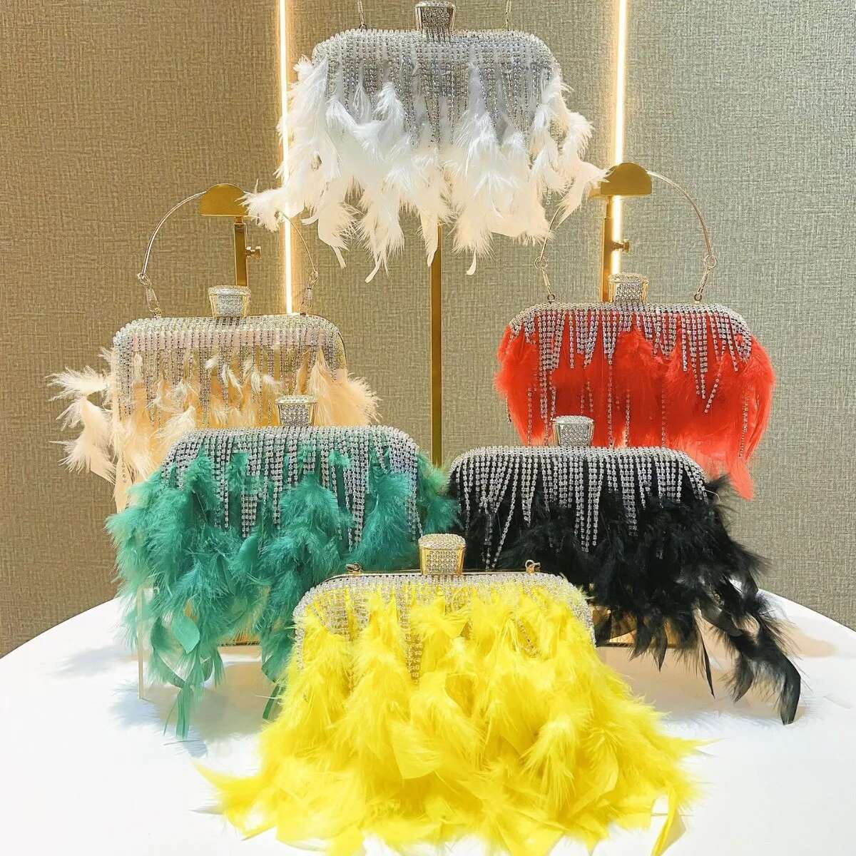Ostrich Hair Veet Crystal Rhie Dia Evening Women Handbag Wedding Party Clutch Purse Crossbody Bag Ins