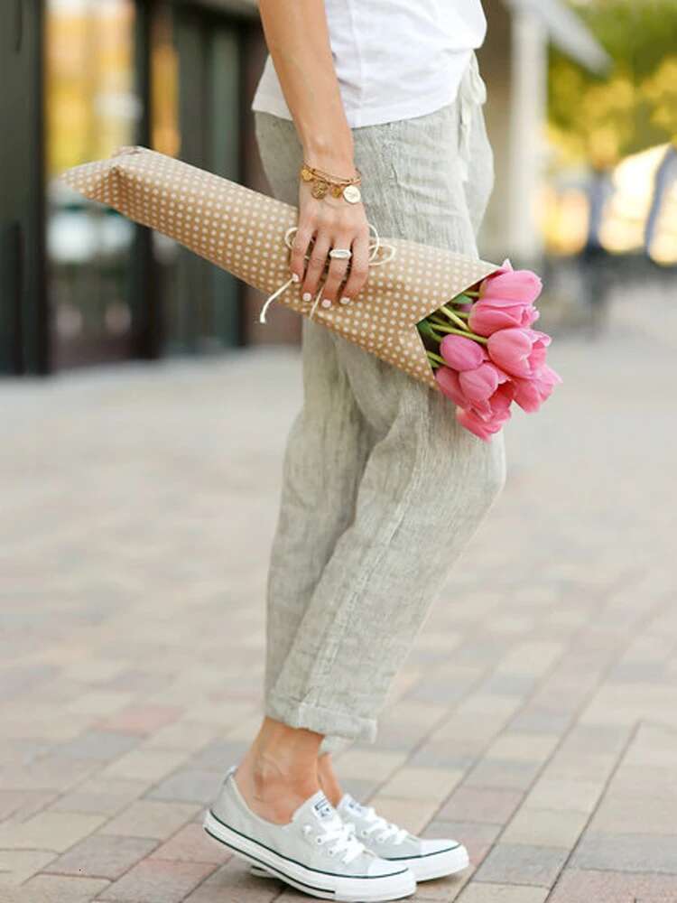 Women Cotton En Wide Leg Pants Summer Female Elastic Waist Drawstring Solid Loose Trousers Jyfs-1616