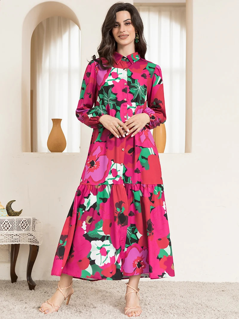 Sweetheart collar long sleeved button waistband polka dot printed rose pink long skirt 250317