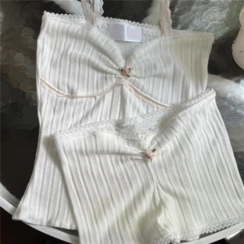 Fairy Grunge Lace Trim Strapless Tube Top Shorts 90s Vintage Chic Women 2 Piece Set Outfits Chest Wrap Backless Crop Camis 250320