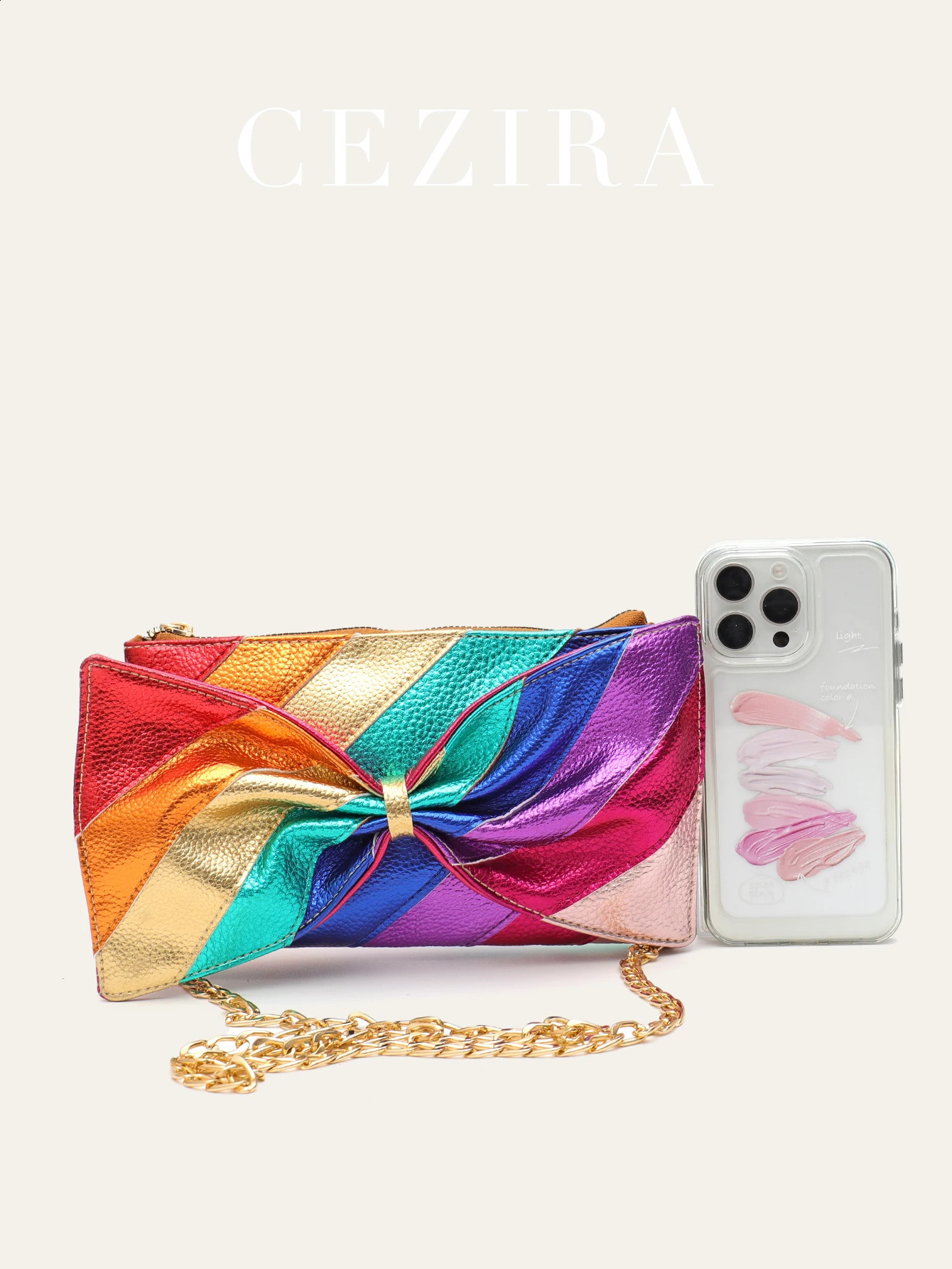metal vegan leather handbag with colorful striped patch work sweet PU bow clutch chain cross body bag Funky Y2K 250317