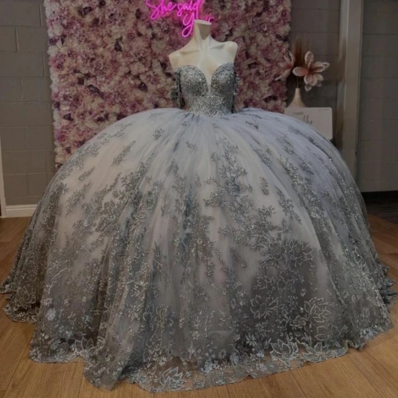 Silvery Mexican Quinceanera Dressess Off The Shoulder Sequin Applique Lace Beads Tull Vestido 15 De Corset Party Lace Up Sweet 16 Dress